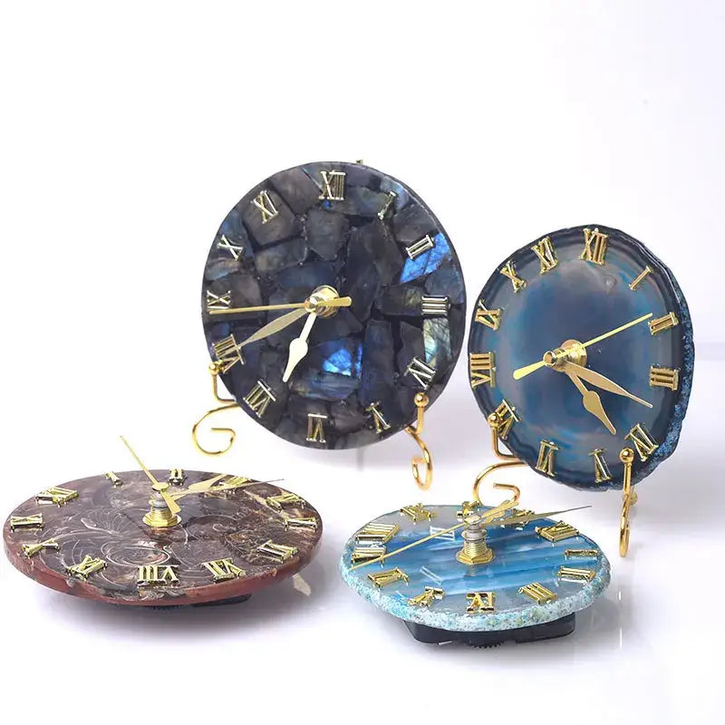 Four decorative agate stone clocks with gold roman numeral faces and golden hands for luxury living room decorbites digital clock