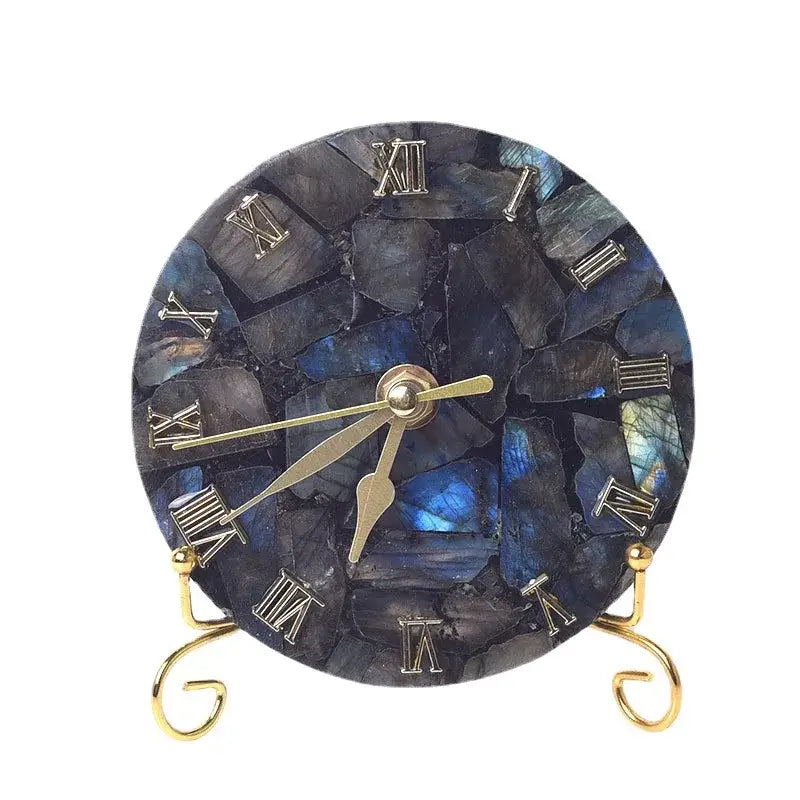 Agate stone digital clock with dark blue iridescent labradorite face and gold roman numerals for luxury living room decor