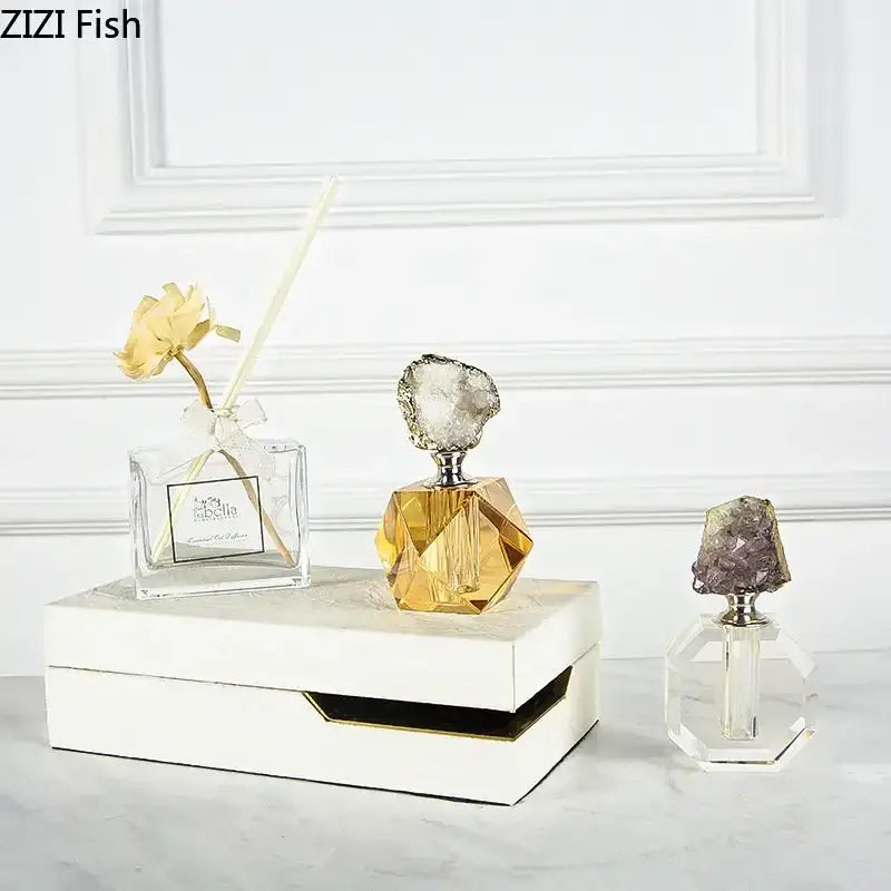Golden faceted glass agate stone perfume bottle with silver crystal cap for essential oils and bedroom decor