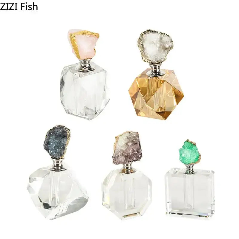 Five assorted color agate stone perfume bottles with crystal cuts and silver caps for essential oils and bedroom decor