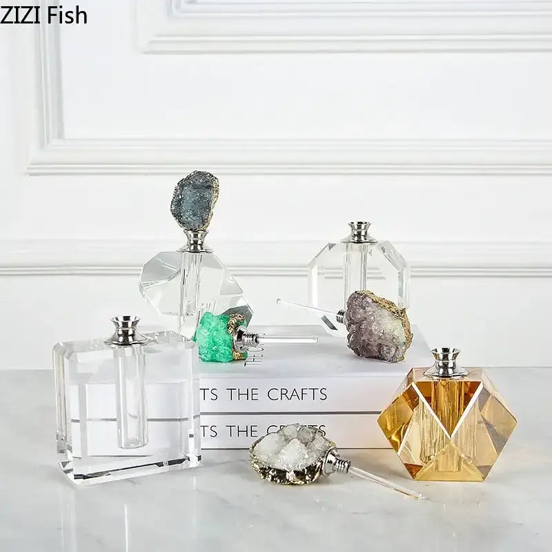 Clear crystal agate stone perfume bottles with geometric faceted design and silver caps for essential oils decor