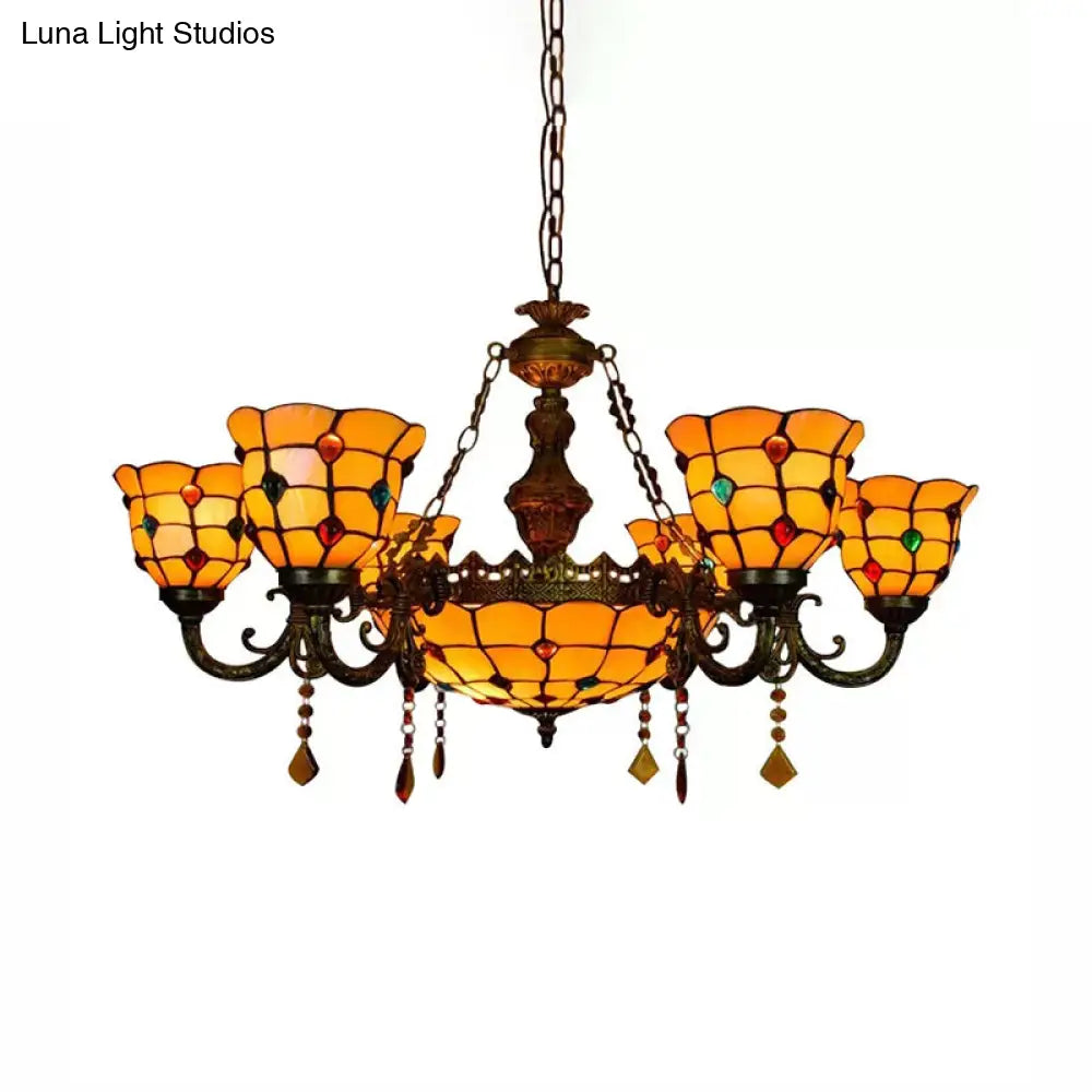 Lámpara de araña de latón envejecido con colgante de estilo Tiffany para mesa de comedor