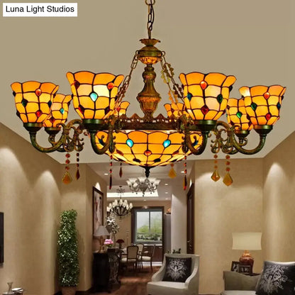 Lámpara de araña de latón envejecido con colgante de estilo Tiffany para mesa de comedor