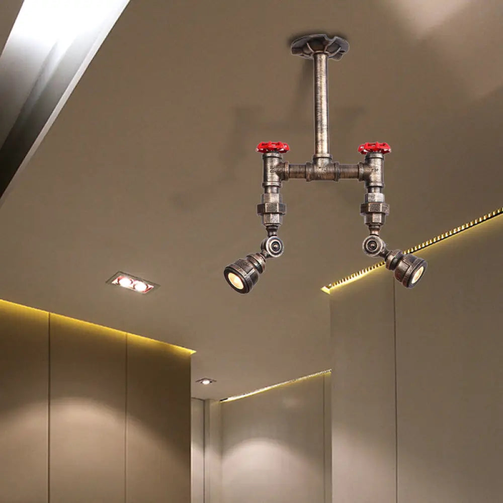 مصباح سقف DecorBites™ ذو الأنابيب البرونزية العتيقة شبه المسطح مع معدن على الطراز العتيق وصمام أحمر - مصباحان للممرات