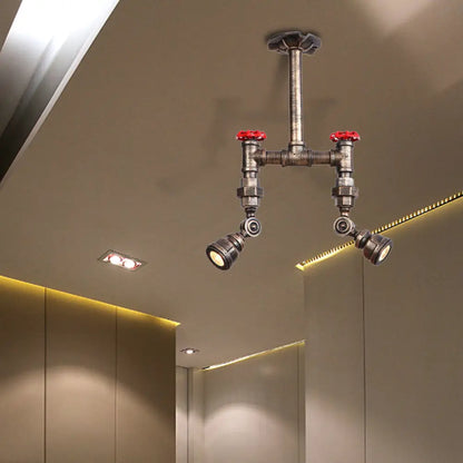 مصباح سقف DecorBites™ ذو الأنابيب البرونزية العتيقة شبه المسطح مع معدن على الطراز العتيق وصمام أحمر - مصباحان للممرات