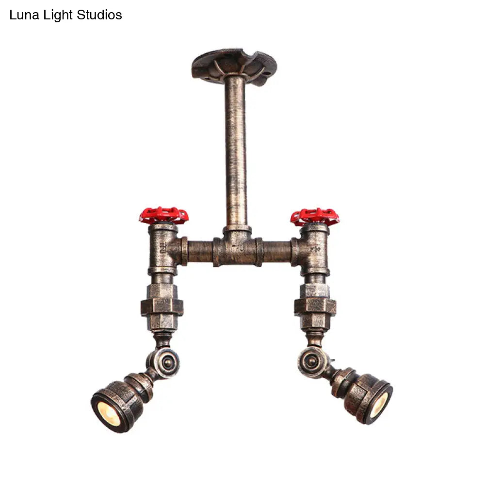 مصباح سقف DecorBites™ ذو الأنابيب البرونزية العتيقة شبه المسطح مع معدن على الطراز العتيق وصمام أحمر - مصباحان للممرات