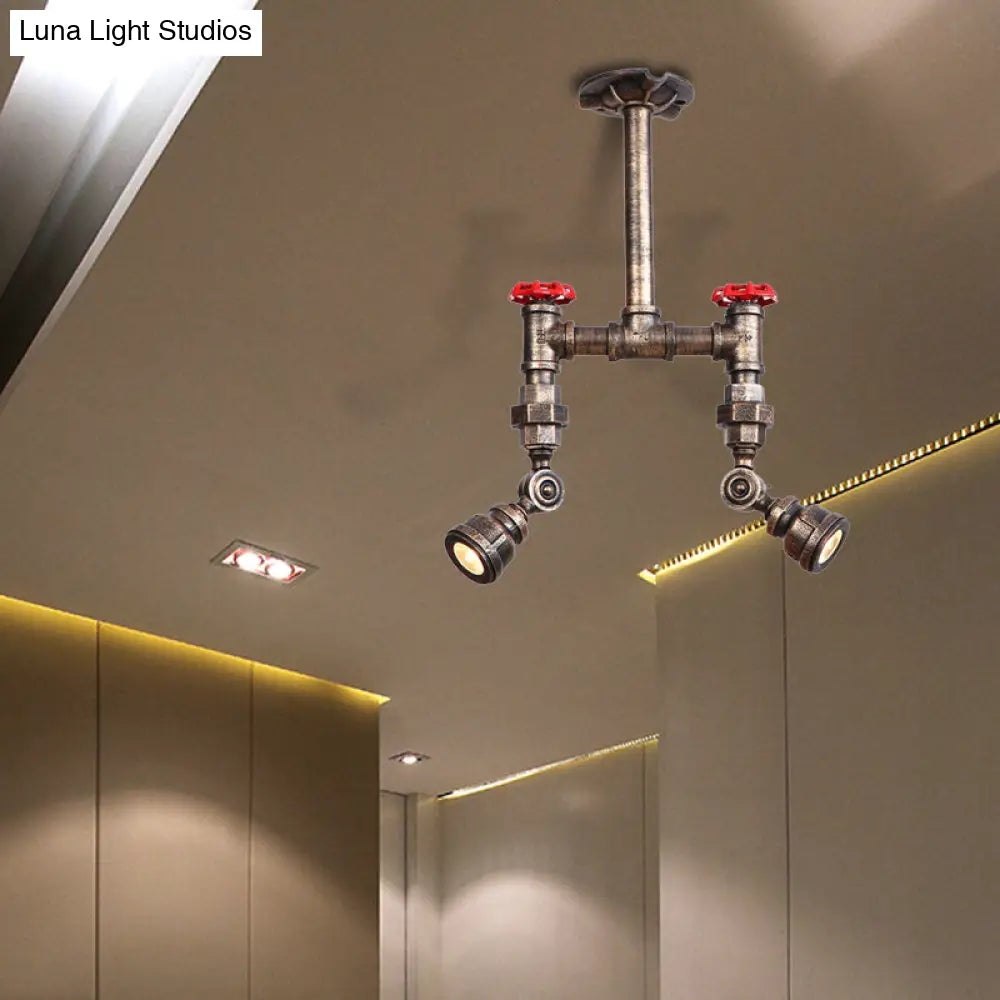 مصباح سقف DecorBites™ ذو الأنابيب البرونزية العتيقة شبه المسطح مع معدن على الطراز العتيق وصمام أحمر - مصباحان للممرات