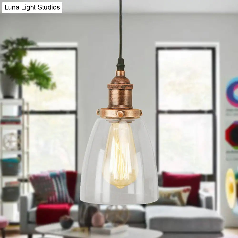 Lámpara colgante vintage de cobre envejecido y cristal transparente para comedor - Iluminación de techo de 1 luz