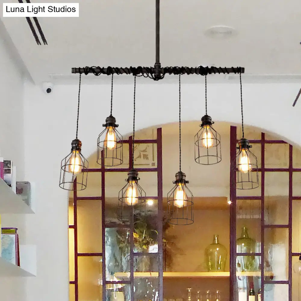 مصباح معلق صناعي من الحديد على شكل قفص من DecorBites™، فضي عتيق، 6/10 لمبات، مع قضيب أنبوب مزدوج - تركيبات مصباح معلق على شكل جزيرة