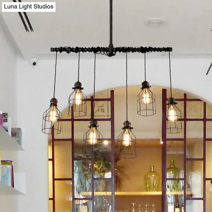 مصباح معلق صناعي من الحديد على شكل قفص من DecorBites™، فضي عتيق، 6/10 لمبات، مع قضيب أنبوب مزدوج - تركيبات مصباح معلق على شكل جزيرة