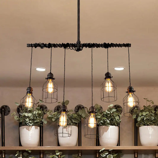 DecorBites™ Aged Silver 6/10 Bulbs Industrial Cage Iron Pendant Light with Double Pipe Rod - Island Hanging Lamp Fixture