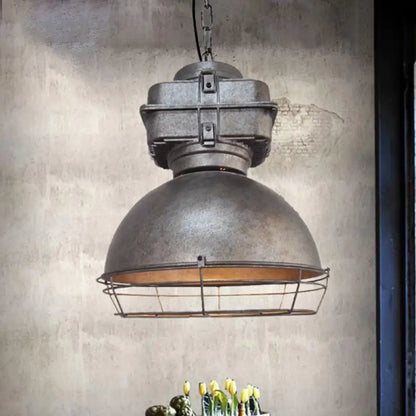 Aged Silver Bowl Pendant Light - Industrial Style Iron Ceiling Lamp with Wire Guard for Restaurants