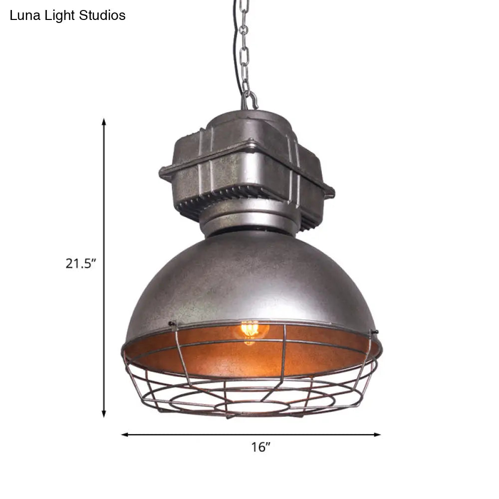 Aged Silver Bowl Pendant Light - Industrial Style Iron Ceiling Lamp with Wire Guard for Restaurants