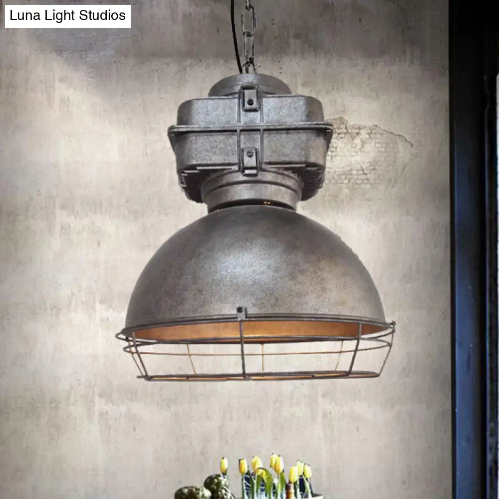 Aged Silver Bowl Pendant Light - Industrial Style Iron Ceiling Lamp with Wire Guard for Restaurants