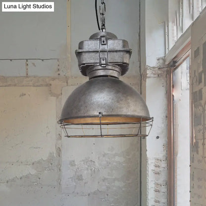 Aged Silver Bowl Pendant Light - Industrial Style Iron Ceiling Lamp with Wire Guard for Restaurants