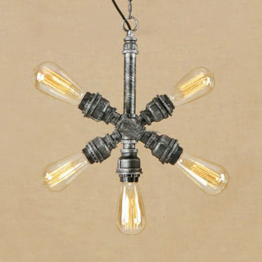 Lámpara de araña de estilo industrial envejecido con bombillas abiertas y 5 luces