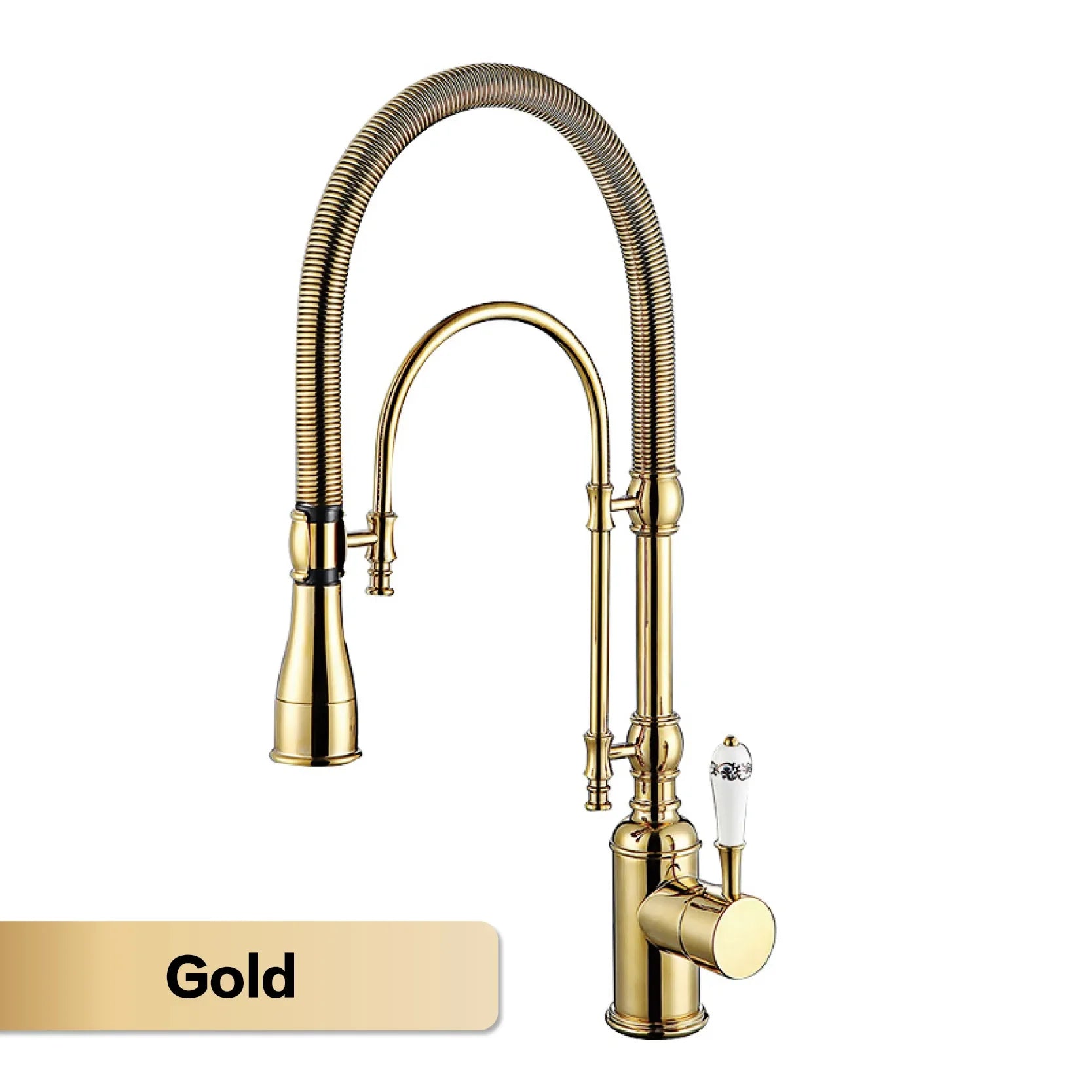 Aitana luxury golden brass kitchen faucet with single handle, single hole installation, flexible ribbed gooseneck spout, and ceramic knob base