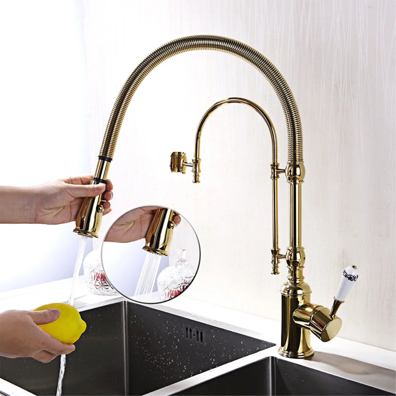 Aitana luxury gold-toned brass kitchen faucet with single handle, flexible gooseneck, pull-out spray, and single hole design