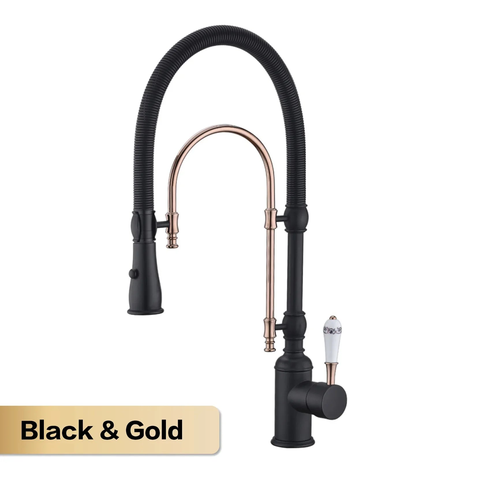 Aitana luxury golden brass kitchen faucet with single handle single hole, black and gold flexible spout and ceramic knob