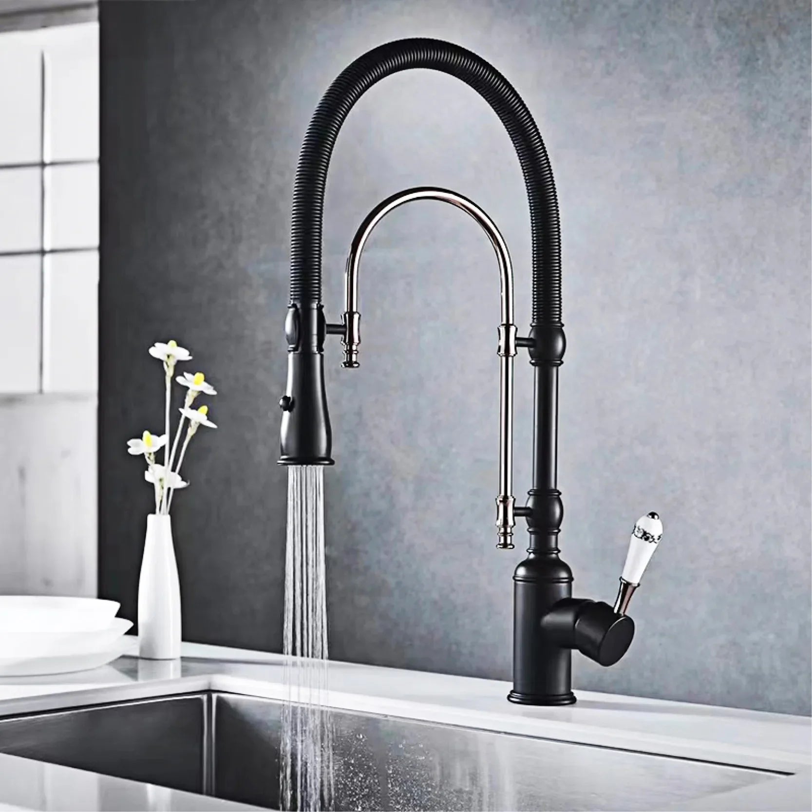 Aitana luxury single handle kitchen faucet with black matte finish, chrome accents, and flexible gooseneck spout for single hole installation