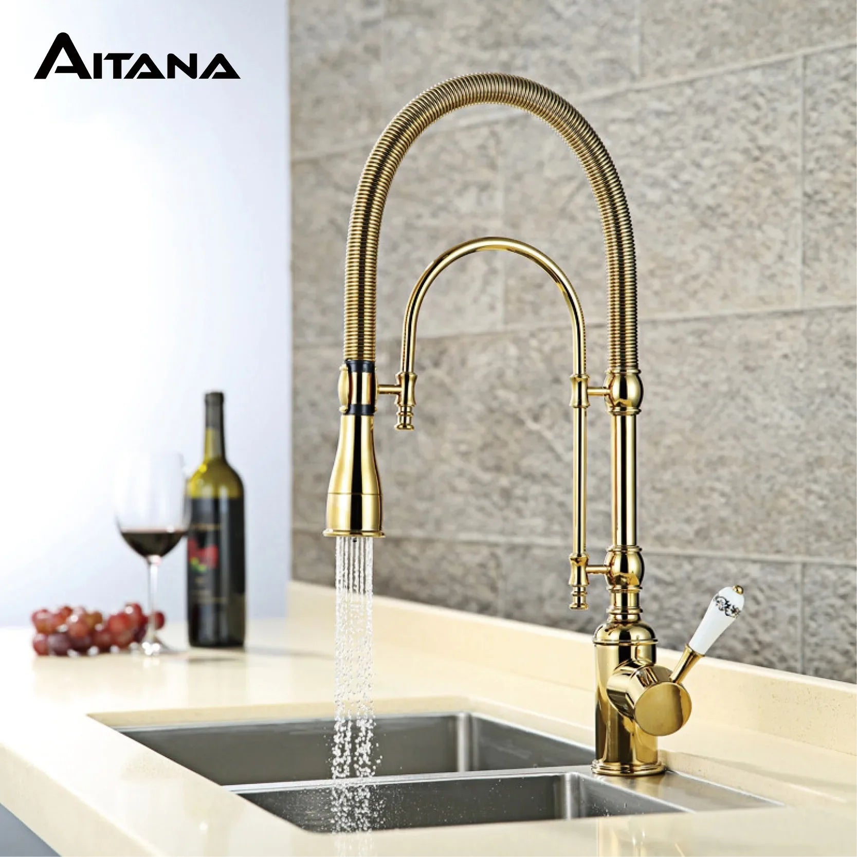 Aitana luxury golden brass kitchen faucet with single handle ceramic control and flexible ribbed gooseneck spout for single hole sinks