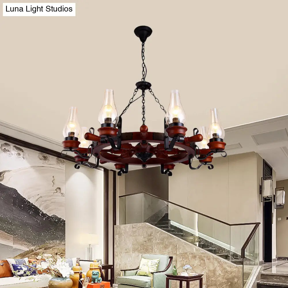 Alamak - 6/8-Light 6/8-Light Drop Pendant Factory Vase Clear Glass Chandelier Light Fixture with Wood Rudder in Brown