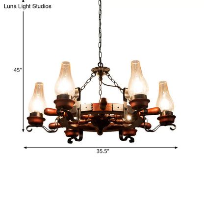 Alamak - 6/8-Light 6/8-Light Drop Pendant Factory Vase Clear Glass Chandelier Light Fixture with Wood Rudder in Brown