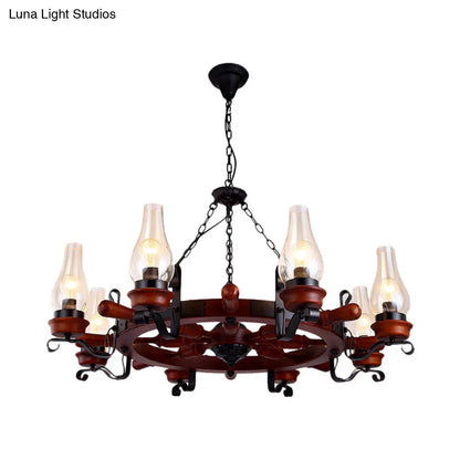 Alamak - 6/8-Light 6/8-Light Drop Pendant Factory Vase Clear Glass Chandelier Light Fixture with Wood Rudder in Brown