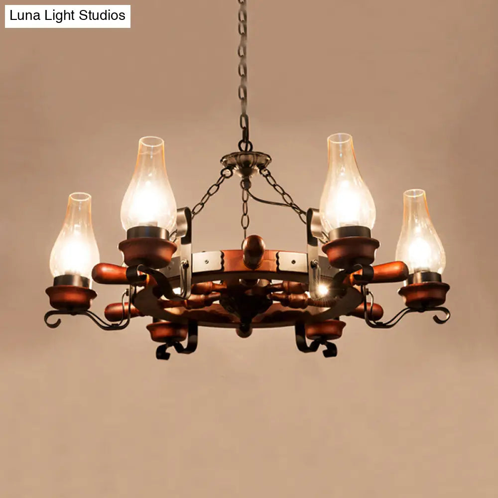 Alamak - 6/8-Light 6/8-Light Drop Pendant Factory Vase Clear Glass Chandelier Light Fixture with Wood Rudder in Brown