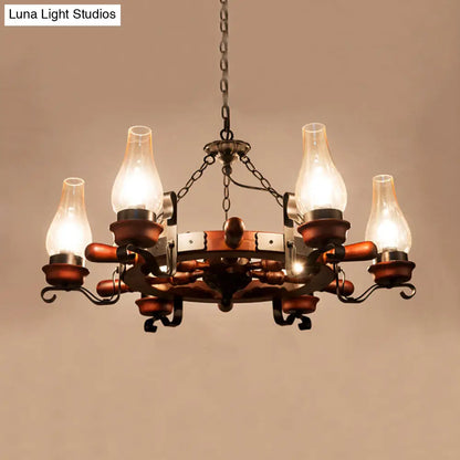 Alamak - 6/8-Light 6/8-Light Drop Pendant Factory Vase Clear Glass Chandelier Light Fixture with Wood Rudder in Brown