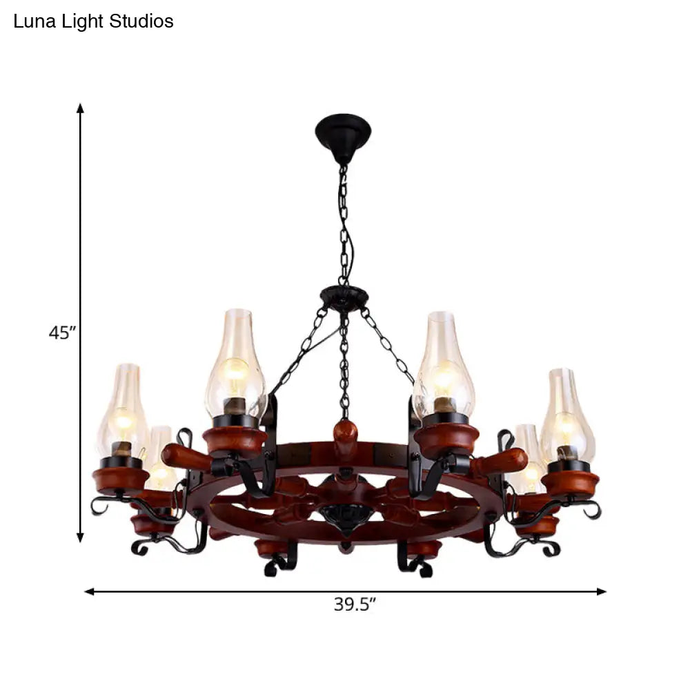 Alamak - 6/8-Light 6/8-Light Drop Pendant Factory Vase Clear Glass Chandelier Light Fixture with Wood Rudder in Brown