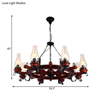 Alamak - 6/8-Light 6/8-Light Drop Pendant Factory Vase Clear Glass Chandelier Light Fixture with Wood Rudder in Brown