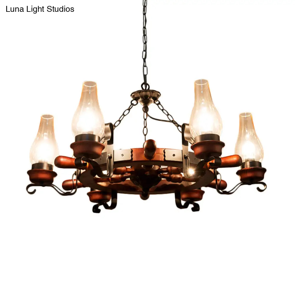 Alamak - 6/8-Light 6/8-Light Drop Pendant Factory Vase Clear Glass Chandelier Light Fixture with Wood Rudder in Brown