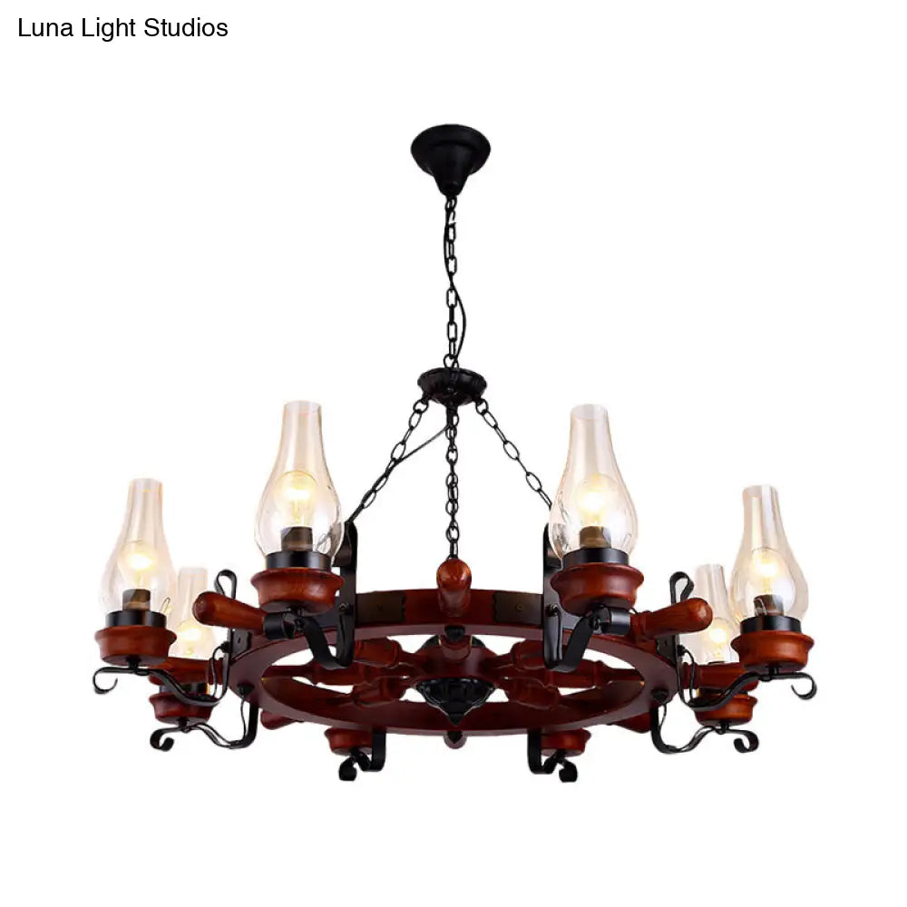 Alamak - 6/8-Light 6/8-Light Drop Pendant Factory Vase Clear Glass Chandelier Light Fixture with Wood Rudder in Brown