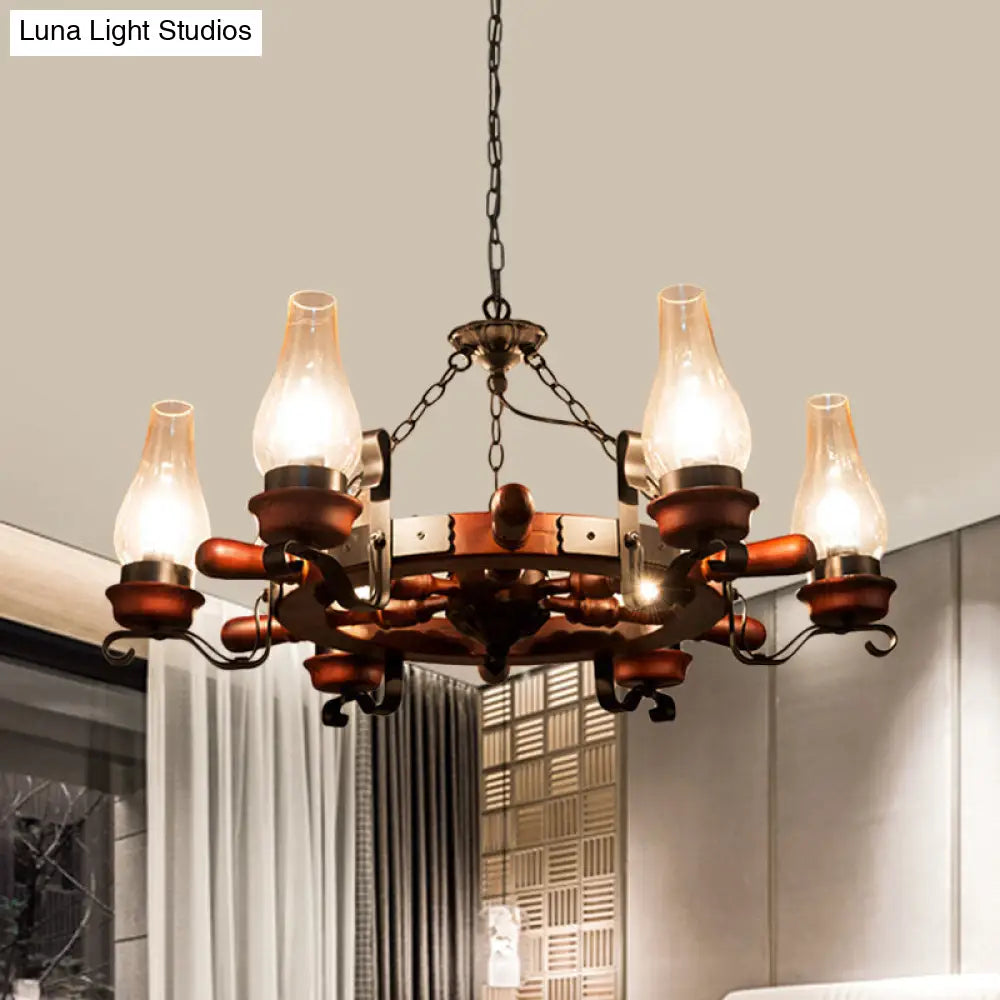 Alamak - 6/8-Light 6/8-Light Drop Pendant Factory Vase Clear Glass Chandelier Light Fixture with Wood Rudder in Brown