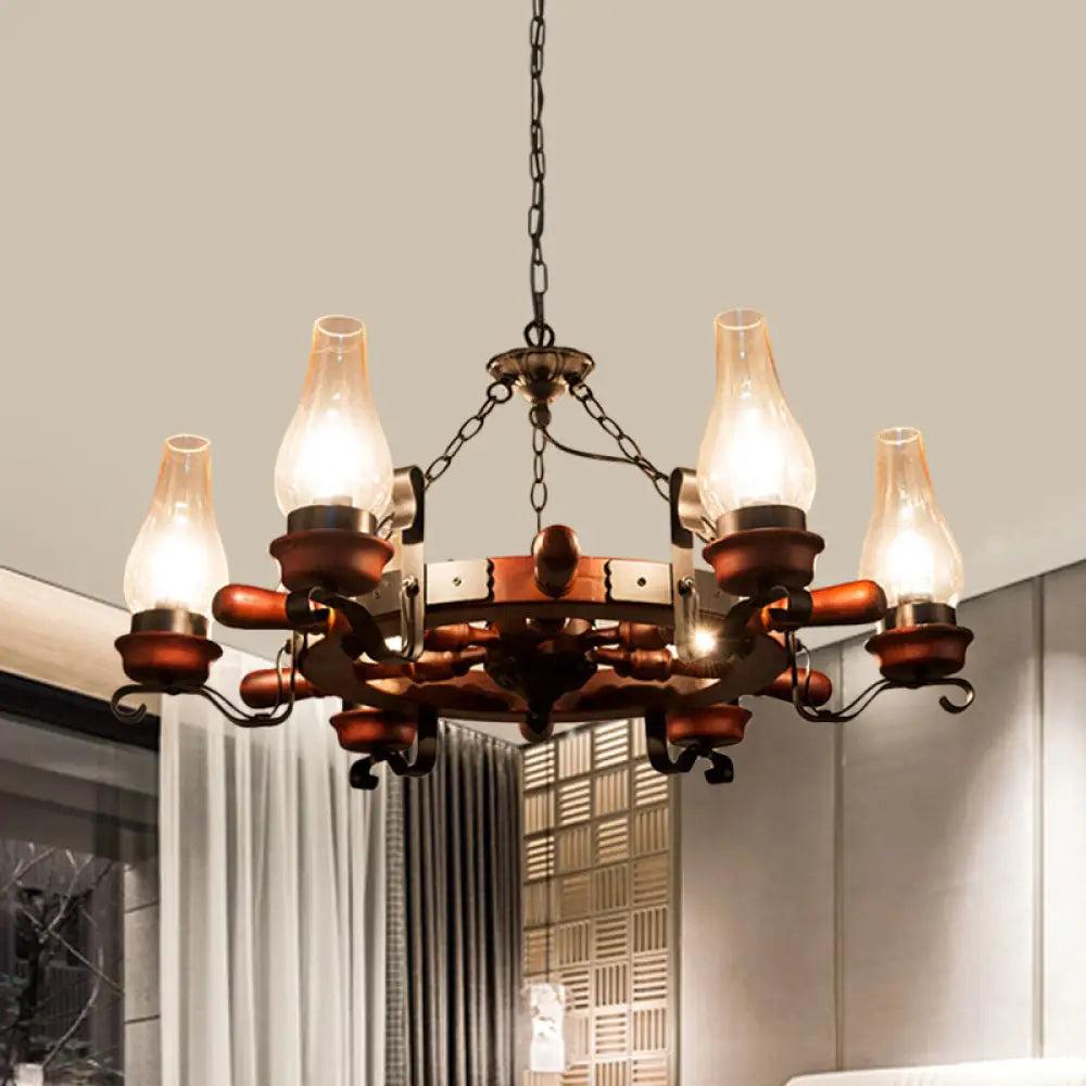 Alamak - 6/8-Light 6/8-Light Drop Pendant Factory Vase Clear Glass Chandelier Light Fixture with Wood Rudder in Brown