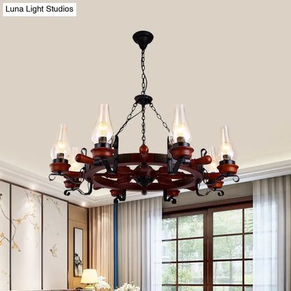 Alamak - 6/8-Light 6/8-Light Drop Pendant Factory Vase Clear Glass Chandelier Light Fixture with Wood Rudder in Brown