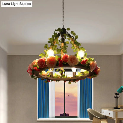 Aldhanab - Lámpara de araña de metal con 6 luces, bombillas expuestas, estilo loft, colgante de metal negro con anillo y decoración de pétalos artificiales