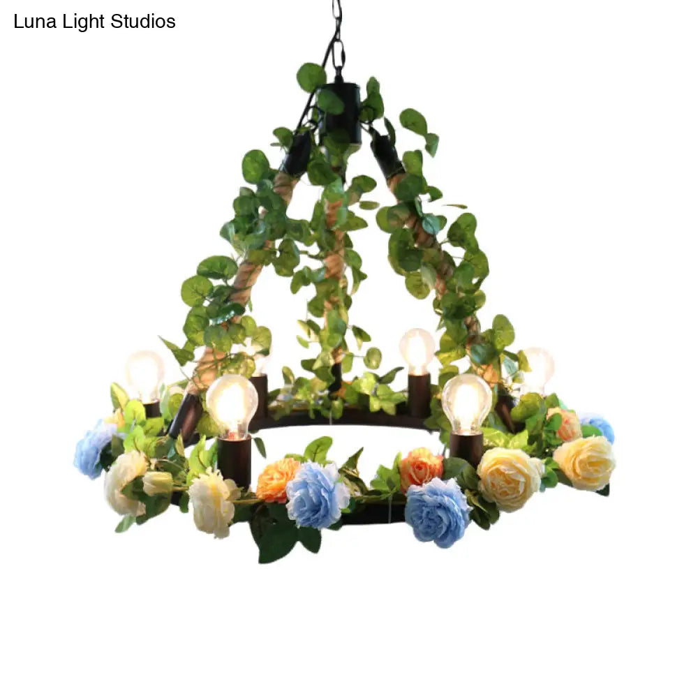 Aldhanab - Lámpara de araña de metal con 6 luces, bombillas expuestas, estilo loft, colgante de metal negro con anillo y decoración de pétalos artificiales