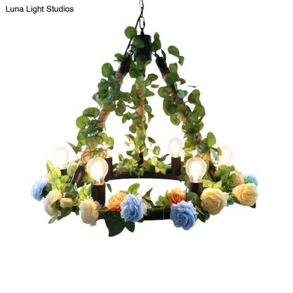 Aldhanab - Lámpara de araña de metal con 6 luces, bombillas expuestas, estilo loft, colgante de metal negro con anillo y decoración de pétalos artificiales