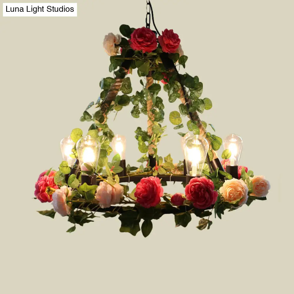 Aldhanab - Lámpara de araña de metal con 6 luces, bombillas expuestas, estilo loft, colgante de metal negro con anillo y decoración de pétalos artificiales