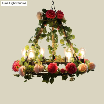 Aldhanab - Lámpara de araña de metal con 6 luces, bombillas expuestas, estilo loft, colgante de metal negro con anillo y decoración de pétalos artificiales