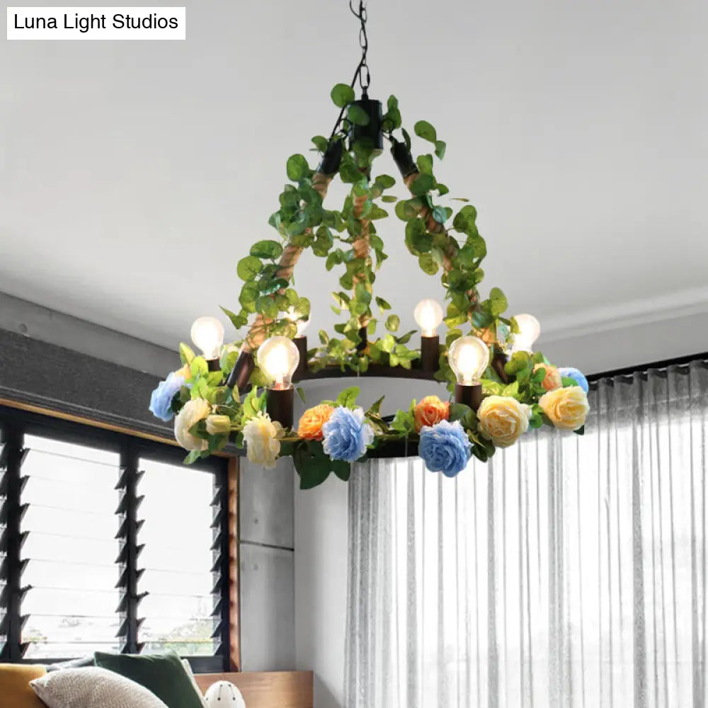 Aldhanab - Metal 6 Lights Exposed Bulb Chandelier Lamp Loft Style Black Metal Pendant Light  with Ring and Artificial Petal Deco