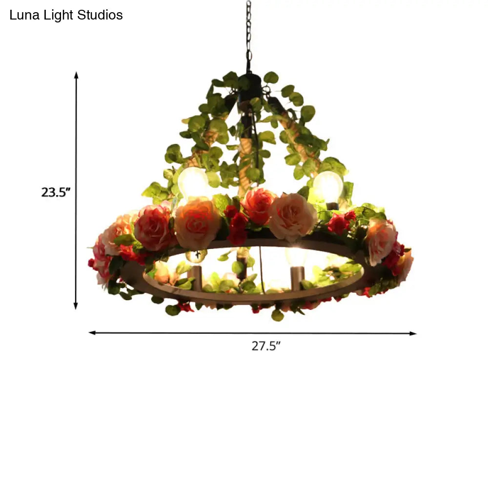 Aldhanab - Lámpara de araña de metal con 6 luces, bombillas expuestas, estilo loft, colgante de metal negro con anillo y decoración de pétalos artificiales