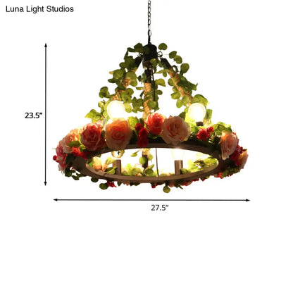 Aldhanab - Lámpara de araña de metal con 6 luces, bombillas expuestas, estilo loft, colgante de metal negro con anillo y decoración de pétalos artificiales