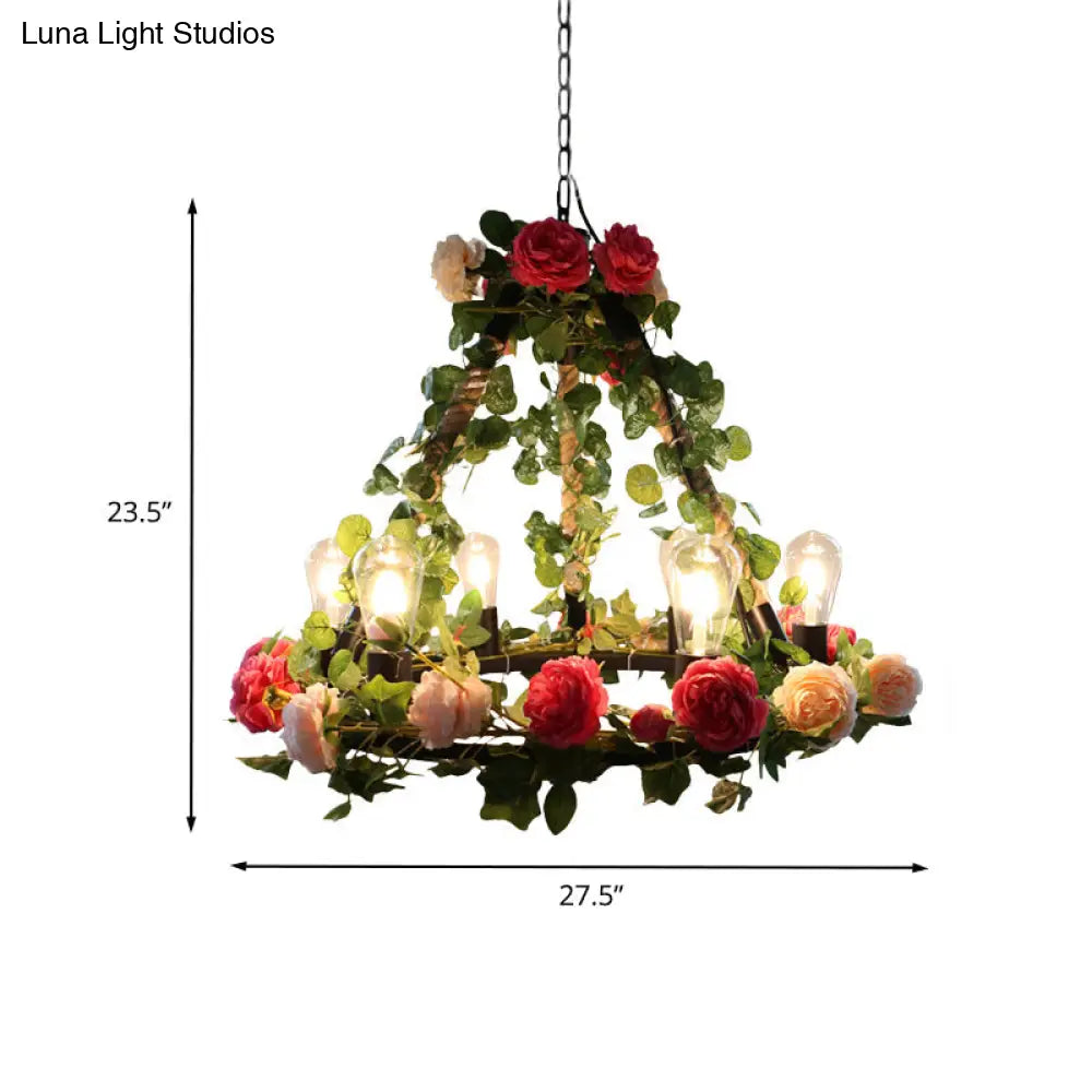 Aldhanab - Lámpara de araña de metal con 6 luces, bombillas expuestas, estilo loft, colgante de metal negro con anillo y decoración de pétalos artificiales