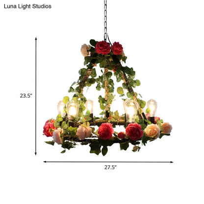 Aldhanab - Lámpara de araña de metal con 6 luces, bombillas expuestas, estilo loft, colgante de metal negro con anillo y decoración de pétalos artificiales