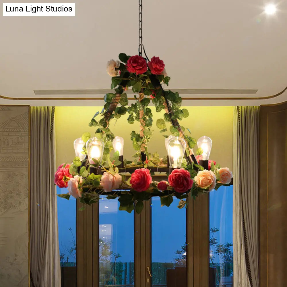 Aldhanab - Lámpara de araña de metal con 6 luces, bombillas expuestas, estilo loft, colgante de metal negro con anillo y decoración de pétalos artificiales