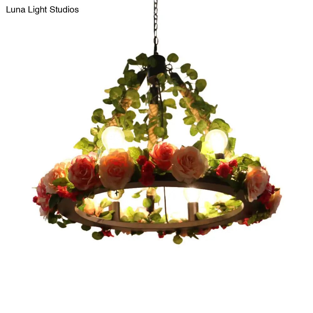 Aldhanab - Lámpara de araña de metal con 6 luces, bombillas expuestas, estilo loft, colgante de metal negro con anillo y decoración de pétalos artificiales