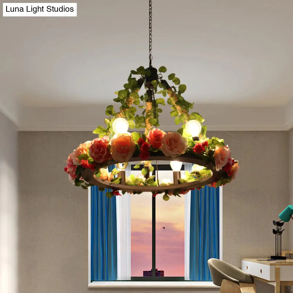 Aldhanab - Lámpara de araña de metal con 6 luces, bombillas expuestas, estilo loft, colgante de metal negro con anillo y decoración de pétalos artificiales